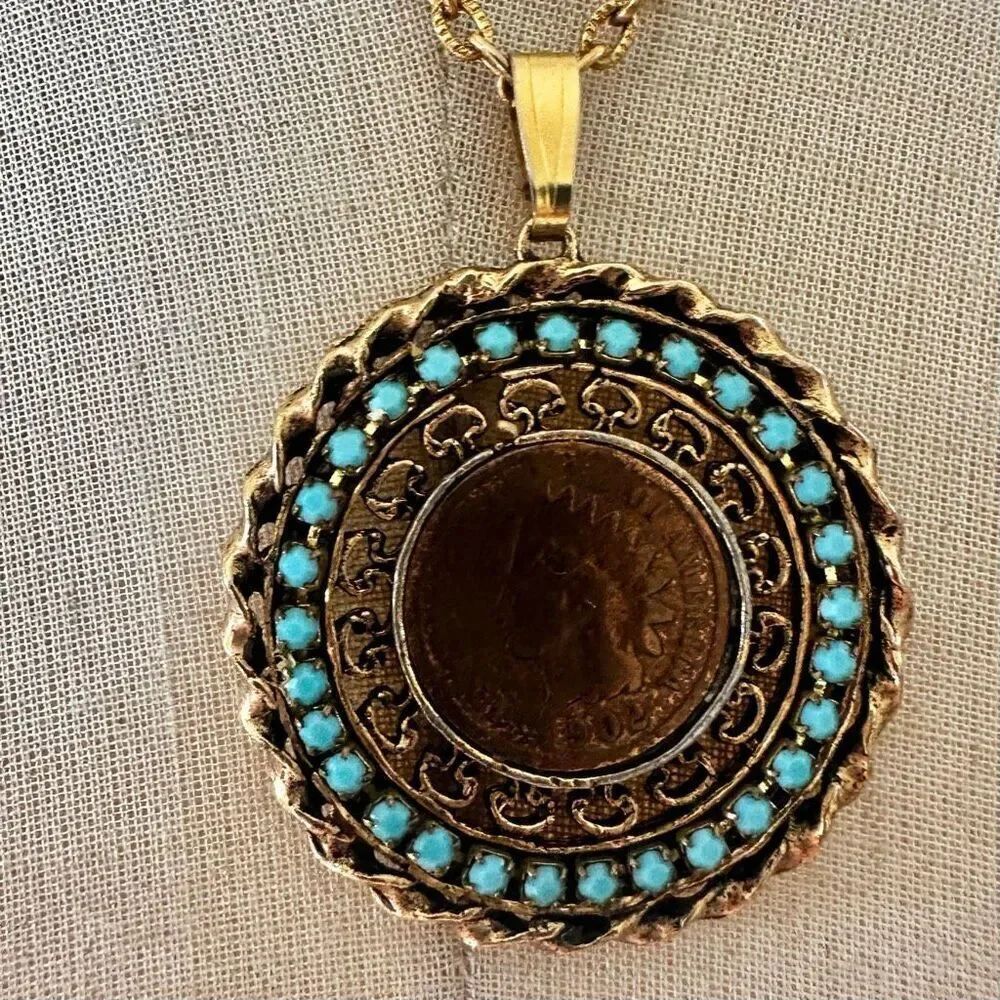 Mid-Century Vintage Pendant Necklace – 1902 Indian Head Penny with Turquoise Gla